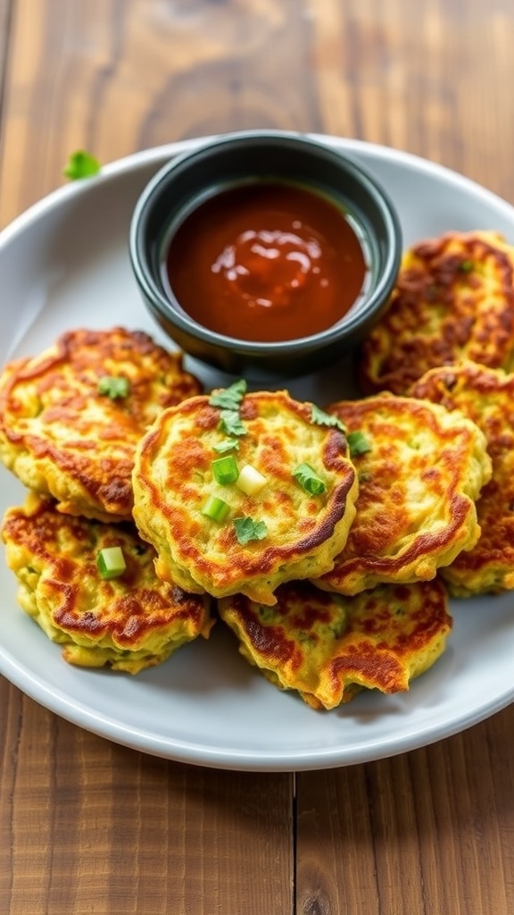 Crispy chicken and broccoli fritters on a plate with dipping sauce, garnished with herbs.